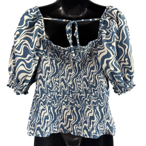 Ava & Viv Size X(14) Blue White Peasant Top Puff Sleeves Smocked Back - Picture 2 of 7